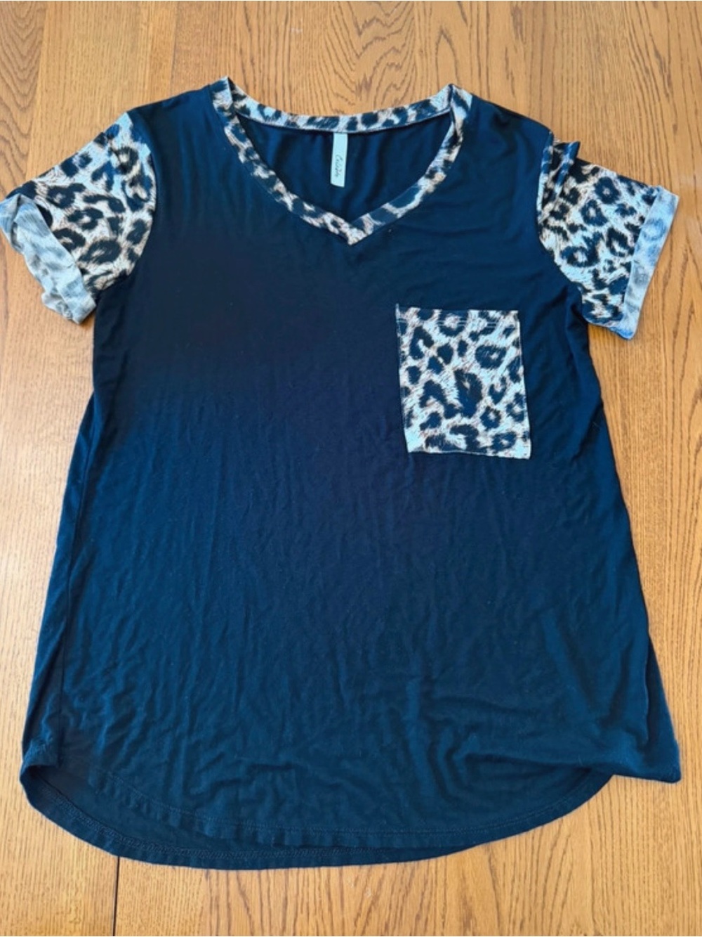 Celeste Navy Short Sleeve Tee with Leopard Trim